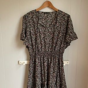 Flutter sleeve black floral mini dress with smocked waist band